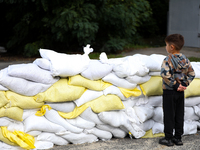 Sandbags during the flooding of the Odra River in Brzeg, Poland, on September 19, 2023. For several days, flood alerts are in force in some...