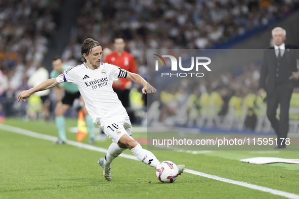 Luka Modric of Real Madrid is in action during the La Liga 2024/25 match between Real Madrid and Espanyol at Santiago Bernabeu Stadium in Ma...