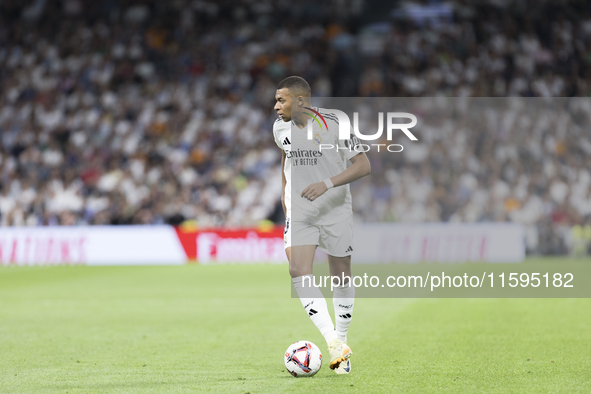 Kylian Mbappe of Real Madrid is in action during the La Liga 2024/25 match between Real Madrid and Espanyol at Santiago Bernabeu Stadium in...