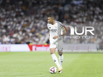 Kylian Mbappe of Real Madrid is in action during the La Liga 2024/25 match between Real Madrid and Espanyol at Santiago Bernabeu Stadium in...