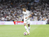 Kylian Mbappe of Real Madrid is in action during the La Liga 2024/25 match between Real Madrid and Espanyol at Santiago Bernabeu Stadium in...