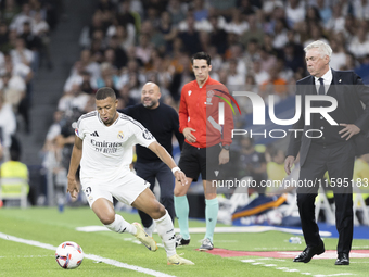 Kylian Mbappe of Real Madrid is in action during the La Liga 2024/25 match between Real Madrid and Espanyol at Santiago Bernabeu Stadium in...