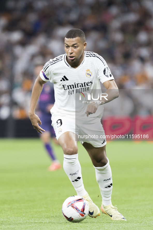 Kylian Mbappe of Real Madrid is in action during the La Liga 2024/25 match between Real Madrid and Espanyol at Santiago Bernabeu Stadium in...