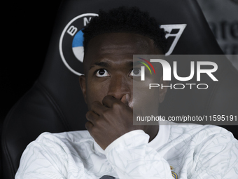 Vinicius Jr of Real Madrid sits on the bench during the La Liga 2024/25 match between Real Madrid and Espanyol at Santiago Bernabeu Stadium...