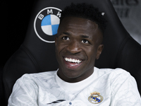 Vinicius Jr of Real Madrid sits on the bench during the La Liga 2024/25 match between Real Madrid and Espanyol at Santiago Bernabeu Stadium...