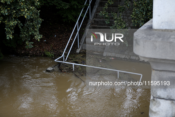 Flooded areas of the city during the flooding of the Odra River in Brzeg, Poland, on September 19, 2023. For several days, flood alerts are...