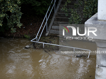 Flooded areas of the city during the flooding of the Odra River in Brzeg, Poland, on September 19, 2023. For several days, flood alerts are...