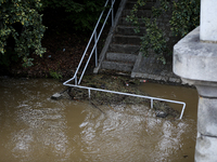 Flooded areas of the city during the flooding of the Odra River in Brzeg, Poland, on September 19, 2023. For several days, flood alerts are...