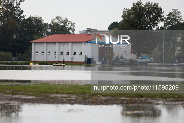 Flooded areas of the city during the flooding of the Odra River in Brzeg, Poland, on September 19, 2023. For several days, flood alerts are...