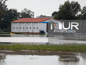 Flooded areas of the city during the flooding of the Odra River in Brzeg, Poland, on September 19, 2023. For several days, flood alerts are...