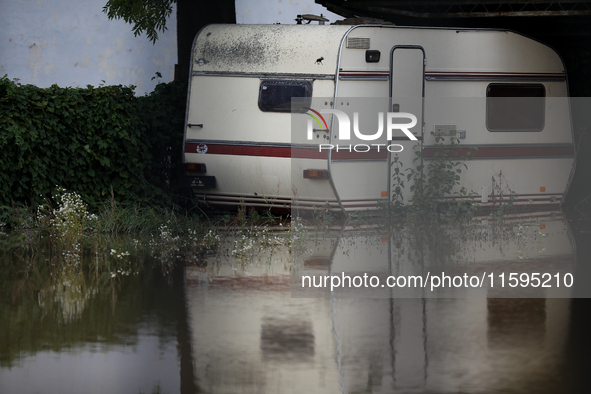 Flooded areas of the city during the flooding of the Odra River in Brzeg, Poland, on September 19, 2023. For several days, flood alerts are...