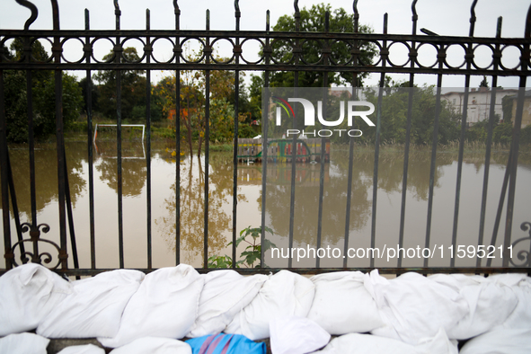 Flooded areas of the city during the flooding of the Odra River in Brzeg, Poland, on September 19, 2023. For several days, flood alerts are...