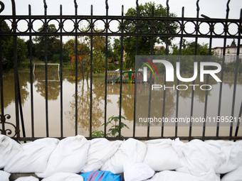 Flooded areas of the city during the flooding of the Odra River in Brzeg, Poland, on September 19, 2023. For several days, flood alerts are...