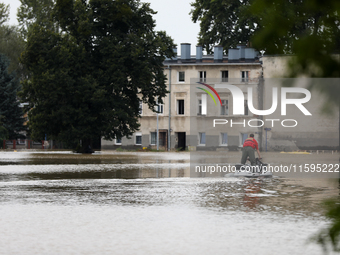 A rescuer with a motorboat in flooded areas of the city during flooding and the Odra River flooding in Brzeg, Poland, on September 19, 2023....