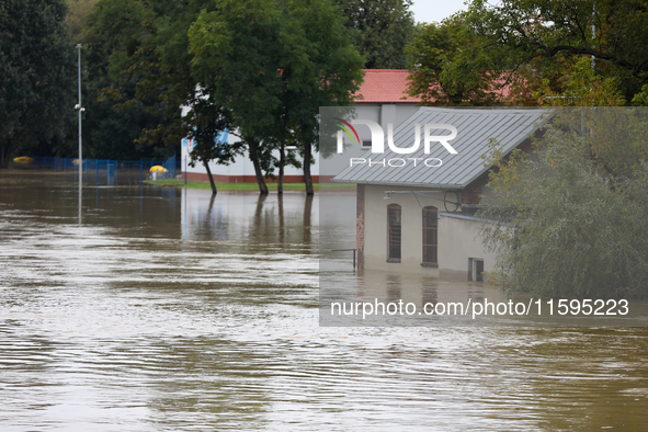 Flooded areas of the city during the flooding of the Odra River in Brzeg, Poland, on September 19, 2023. For several days, flood alerts are...