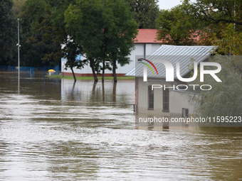 Flooded areas of the city during the flooding of the Odra River in Brzeg, Poland, on September 19, 2023. For several days, flood alerts are...