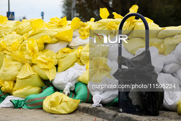 Sandbags during the flooding of the Odra River in Brzeg, Poland, on September 19, 2023. For several days, flood alerts are in force in some...