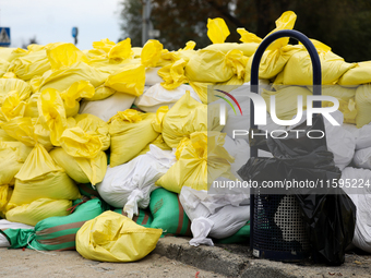 Sandbags during the flooding of the Odra River in Brzeg, Poland, on September 19, 2023. For several days, flood alerts are in force in some...