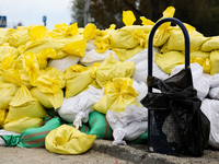 Sandbags during the flooding of the Odra River in Brzeg, Poland, on September 19, 2023. For several days, flood alerts are in force in some...