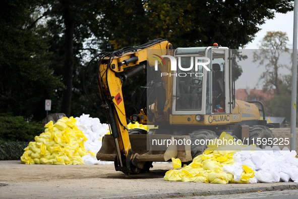 Sandbags during the flooding of the Odra River in Brzeg, Poland, on September 19, 2023. For several days, flood alerts are in force in some...