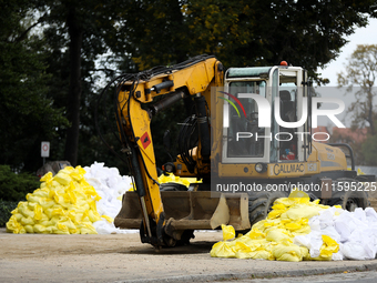 Sandbags during the flooding of the Odra River in Brzeg, Poland, on September 19, 2023. For several days, flood alerts are in force in some...