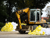 Sandbags during the flooding of the Odra River in Brzeg, Poland, on September 19, 2023. For several days, flood alerts are in force in some...