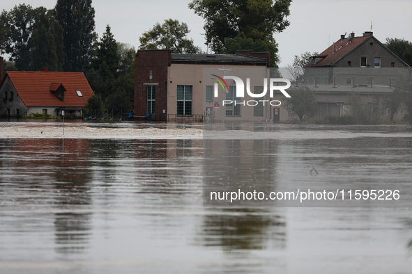 Flooded areas of the city during the flooding of the Odra River in Brzeg, Poland, on September 19, 2023. For several days, flood alerts are...