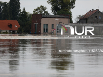 Flooded areas of the city during the flooding of the Odra River in Brzeg, Poland, on September 19, 2023. For several days, flood alerts are...