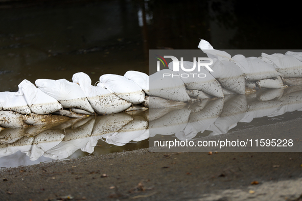 Flooded areas of the city during the flooding of the Odra River in Brzeg, Poland, on September 19, 2023. For several days, flood alerts are...