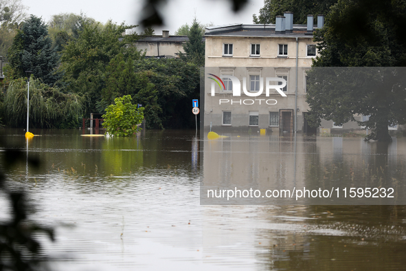 Flooded areas of the city during the flooding of the Odra River in Brzeg, Poland, on September 19, 2023. For several days, flood alerts are...