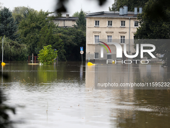 Flooded areas of the city during the flooding of the Odra River in Brzeg, Poland, on September 19, 2023. For several days, flood alerts are...