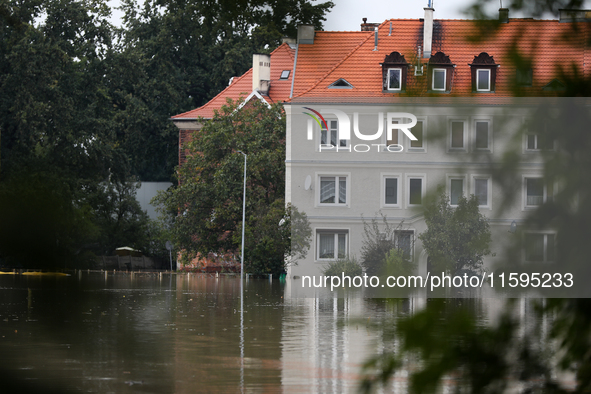 Flooded areas of the city during the flooding of the Odra River in Brzeg, Poland, on September 19, 2023. For several days, flood alerts are...