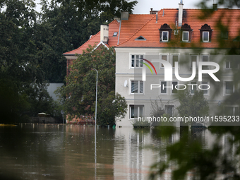 Flooded areas of the city during the flooding of the Odra River in Brzeg, Poland, on September 19, 2023. For several days, flood alerts are...