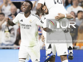 Kylian Mbappe of Real Madrid, Vinicius Jr. of Real Madrid, and Endrick of Real Madrid celebrate a goal during the La Liga 2024/25 match betw...