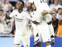 Kylian Mbappe of Real Madrid, Vinicius Jr. of Real Madrid, and Endrick of Real Madrid celebrate a goal during the La Liga 2024/25 match betw...