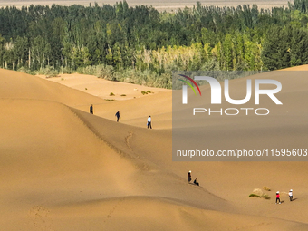 Tourists climb the sand peak to view the scenery of the desert oasis at Jinshawan Desert tourism holiday camp in Zhangye, China, on Septembe...