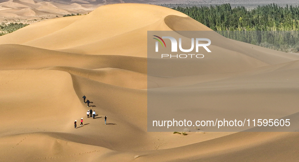 Tourists climb the sand peak to view the scenery of the desert oasis at Jinshawan Desert tourism holiday camp in Zhangye, China, on Septembe...