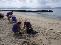 Several volunteers collect waste and garbage during a beach cleanup day in the municipality of Alges in Lisbon, Portugal, on September 21, 2...