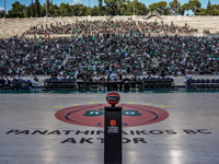 The match ball is present before the game between Maccabi Playtika Tel Aviv and Anadolu Efes. (