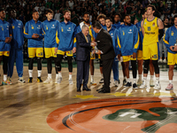 Maccabi Tel Aviv president Mr. Shimon Mizrahi receives the commemorative award for his team's participation in the Pavlos Giannakopoulos fri...