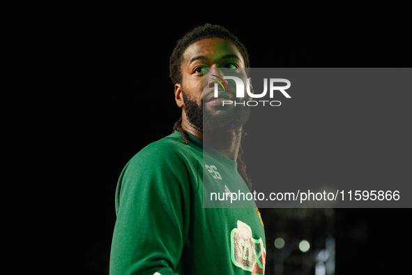 Panathinaikos player Mathias Lessort warms up before the game between Panathinaikos and Partizan for the Pavlos Giannakopoulos friendly bask...