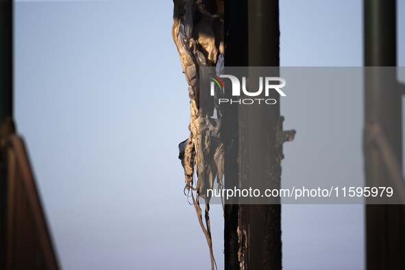 A screen from a playground structure melts following a liquefied gas pipeline explosion in a residential area of La Porte near Houston, Texa...