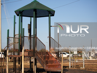 A playground is charred and melted following a liquefied gas pipeline explosion in a residential area of La Porte near Houston, Texas, on Se...