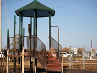 A playground is charred and melted following a liquefied gas pipeline explosion in a residential area of La Porte near Houston, Texas, on Se...