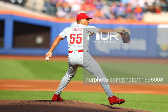 Philadelphia Phillies starting pitcher Ranger Suarez #55 throws during the third inning of a baseball game against the New York Mets at Citi...