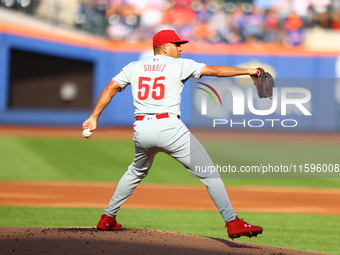 Philadelphia Phillies starting pitcher Ranger Suarez #55 throws during the third inning of a baseball game against the New York Mets at Citi...