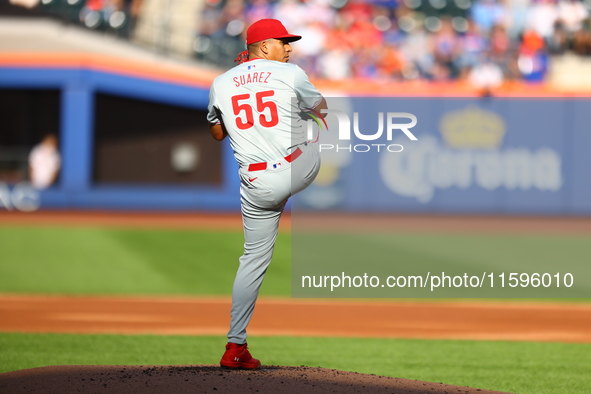 Philadelphia Phillies starting pitcher Ranger Suarez #55 throws during the third inning of a baseball game against the New York Mets at Citi...