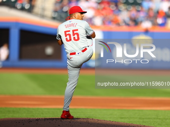 Philadelphia Phillies starting pitcher Ranger Suarez #55 throws during the third inning of a baseball game against the New York Mets at Citi...