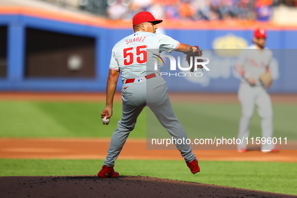 Philadelphia Phillies starting pitcher Ranger Suarez #55 throws during the third inning of a baseball game against the New York Mets at Citi...