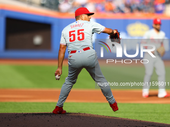 Philadelphia Phillies starting pitcher Ranger Suarez #55 throws during the third inning of a baseball game against the New York Mets at Citi...